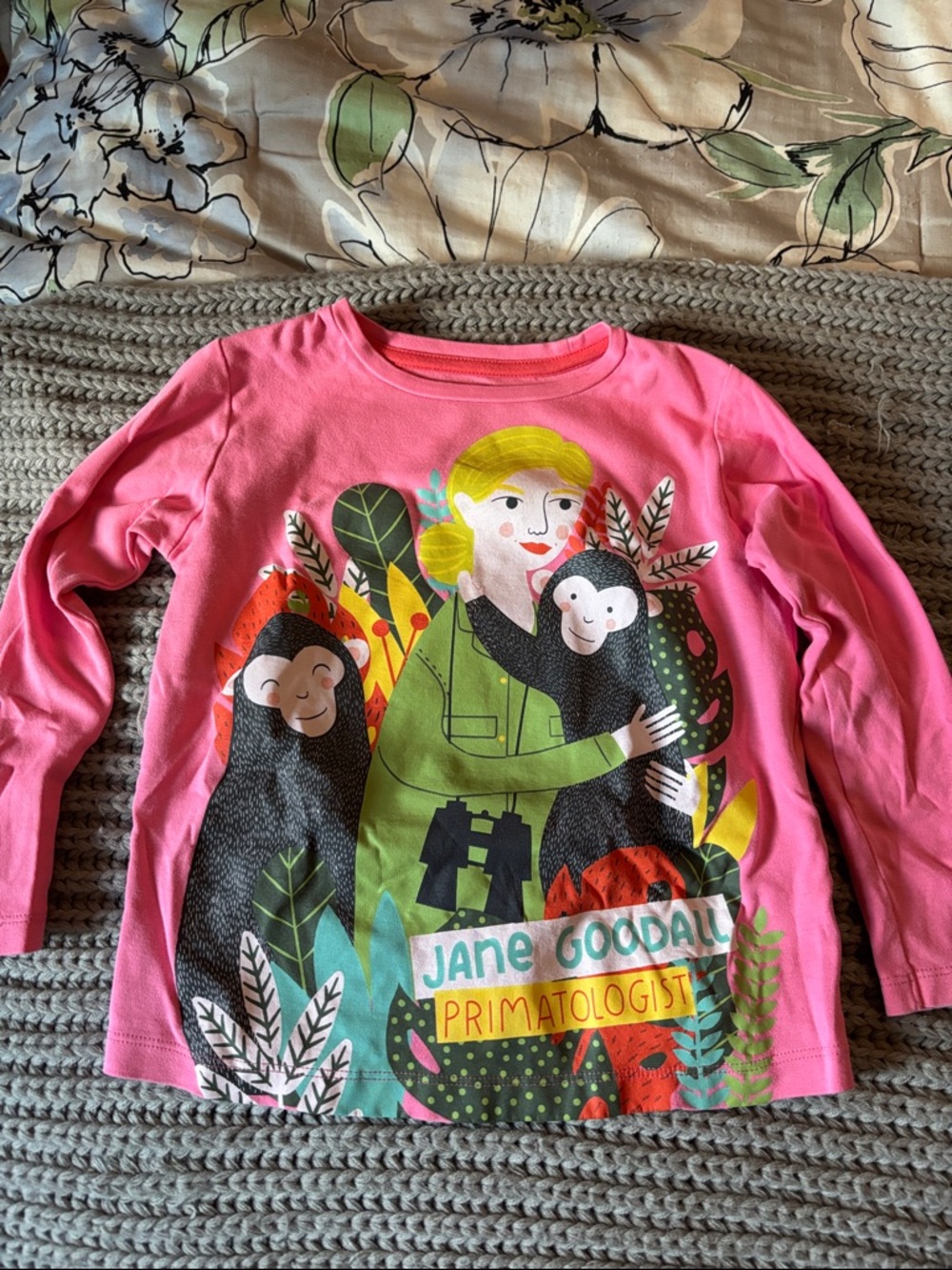 Jane Goodall Pink Long-Sleeve Kids Tee with Primatologist Graphic